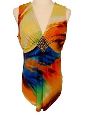 Abstract Watercolor Center Beaded Bling Plunging V-Neck Sleeveless Blouse ~ L